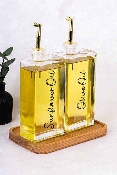 Dolkin Home 2li 500ml Yağdanlık Seti Ahşap Stantlı Cam Yağlık Zeytinyağı Ayçi...