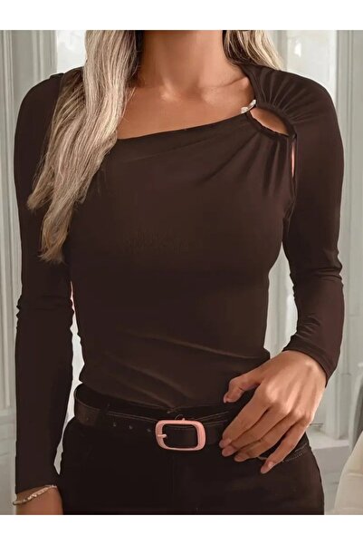 Generic Brand Women's Long Sleeve Viscose Blouse with Ring Detail at the Neck