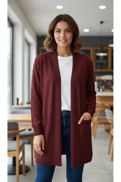 güncüoğlu Long Sleeve Cardigan with Belt, Front Patterned, Length 85cm, Knitwear Cardigan