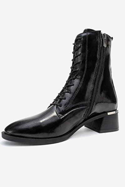 LuviShoes Γυναικείες μπότες με χοντρό τακούνι AVIA Μαύρο τσαλακωμένο λουστρίνι Γνήσιο δέρμα Γνήσιο δέρμα