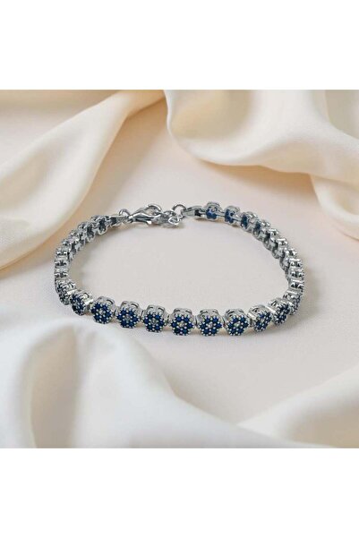 ZEY 925 Ayar Gümüş Mavi Çiçekli Zirkon Taşlı Bileklik