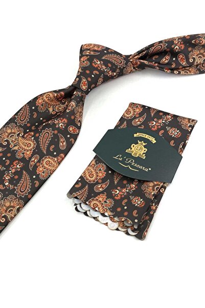 Kravatkolik Κλασική γραβάτα με μοτίβο καφέ σάλι με με τύπωμα μαντήλια KK13353