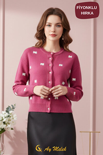 AYMELEK Women's Knitwear Cardigan Buttoned Crew Neck Short Bow Detail Cardigan