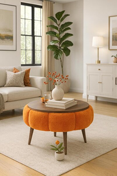 KOKİ DESİGN Papatya Wellsoft Turuncu Kumaş Kaplamalı Yuvarlak Orta Sehpa