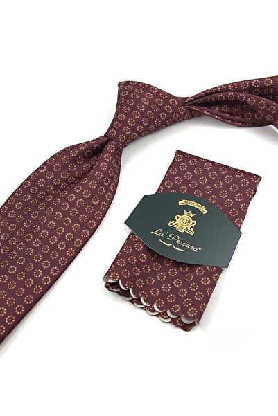 Kravatkolik Burgundy - Yellow Polka Dot Pattern Printed Pocket Square Classic Tie Kk13345