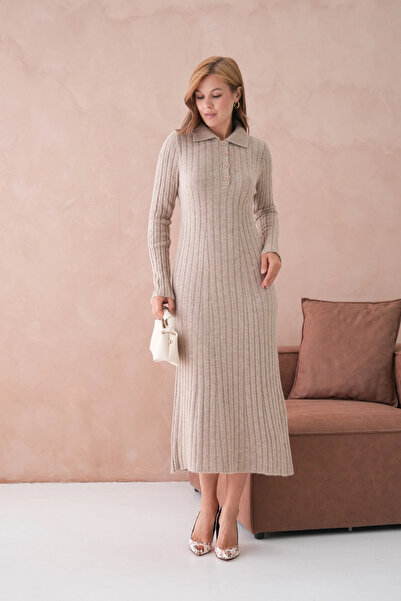 Park Karon Γυναικείο φόρεμα πλεκτό με λεπτομέρεια με κουμπιά με λαιμόκοψη πόλο, μαλακή υφή κοτλέ