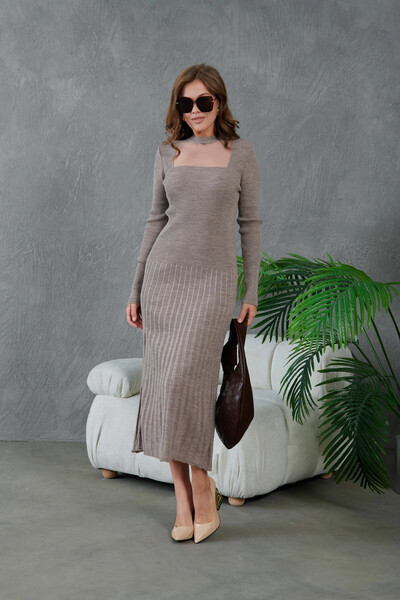 Park Karon Women's Crew Neck Tulle Detail Maxi Size Corded Fabric Knitwear Dress