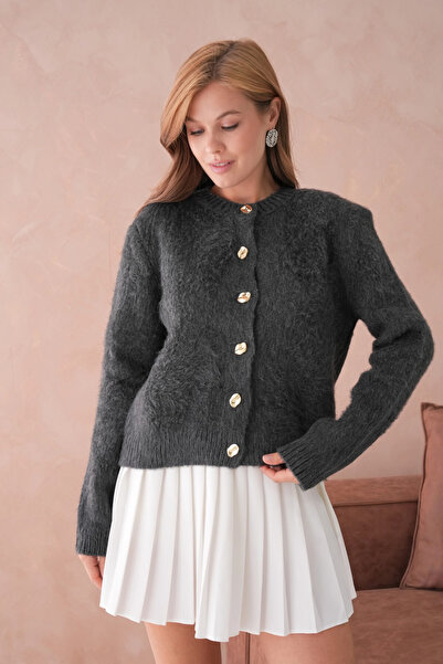 Park Karon Women's Crew Neck Button Detailed Soft Textured Fleece-Lined Knitwear Jacket