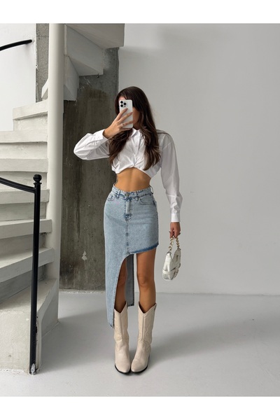 blue marlın KADIN YAN ASİMETRİK KOT ETEK