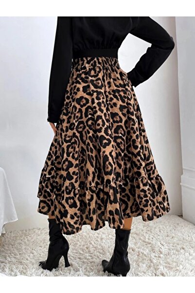 JANES Γυναικείο μακρυμάνικο φόρεμα διπλό πέτο με λαιμόκοψη, εισαγόμενη μπλούζα κρεπ και μονόχρωμο μακρύ φόρεμα με στάμπα λεοπάρ