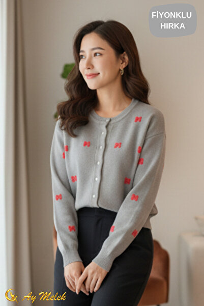 AYMELEK Women's Knitwear Cardigan Buttoned Crew Neck Short Bow Detail Cardigan