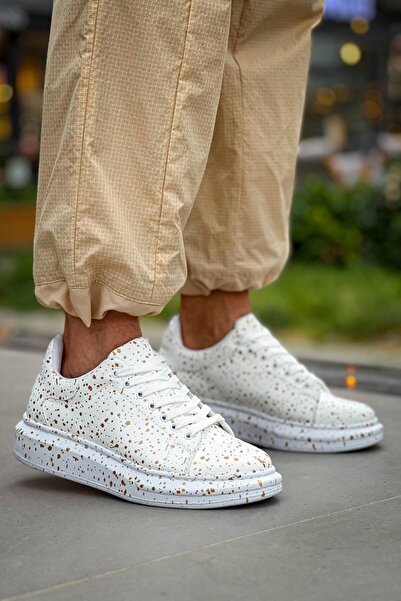 Lucy Shoes Yg-X500 Men's Lace-Up Casual Leather Sneaker Shoes Cbt - White/Gold