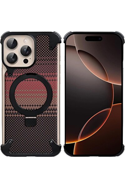 Margoun MG-iPhone 16 Pro Max Metal Case with360°Rotating Kickstand,Carbon Fiber Texture(Orange Case+1Glass)