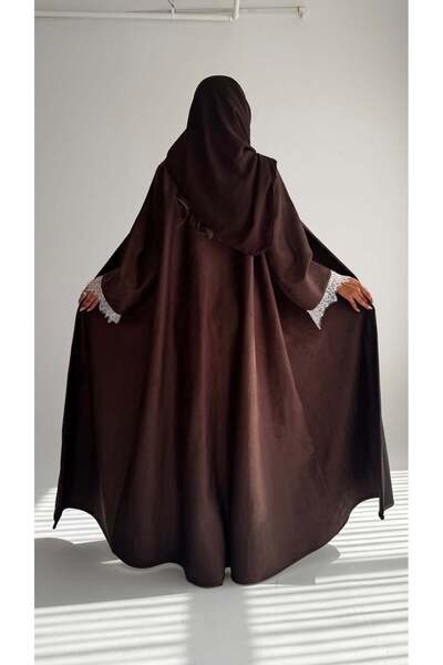 AYA mwt800 عباية شامواه بني مع دانتيل ابيض