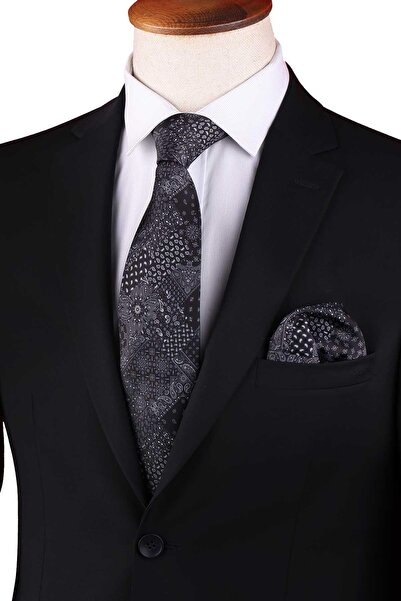 Kravatkolik Black Patchwork Pattern Printed Pocket Classic Tie Kk13350