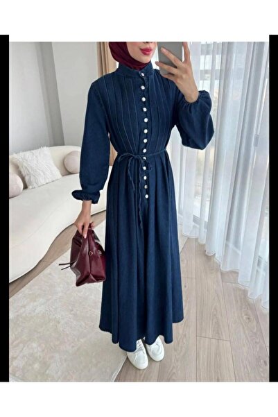 AXXAN Women's Denim Draped Dress with Pleated Details, Buttoned Lace-Up Washed Denim Dress