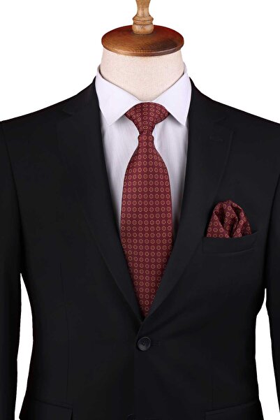 Kravatkolik Burgundy - Yellow Polka Dot Pattern Printed Pocket Square Classic Tie Kk13345