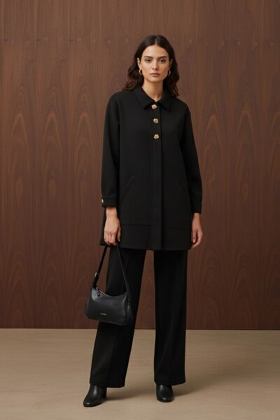 Puane Women's Gold Button Detail Tunic Pants Top Quality Set