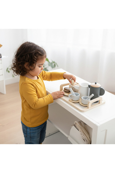 zola 16-piece wooden tea set, teapot, carafe, tea bags, cookies, cups, tray, other accessories