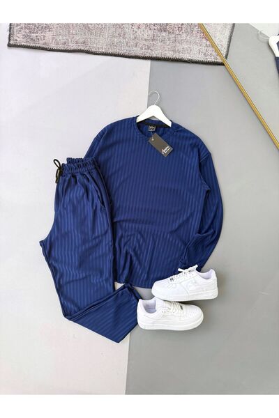 Combineman35 Men's Vertical Striped Stretch Fabric Ottoman Navy Blue Sweatshirt Navy Blue Trousers 2-Piece Set