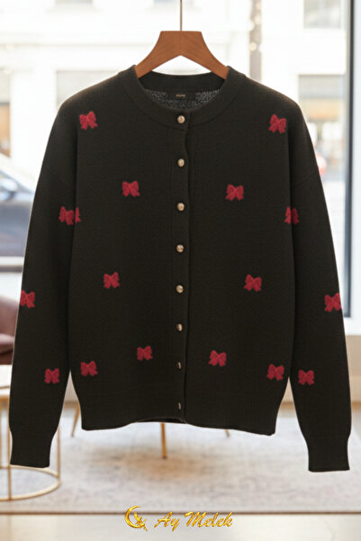 AYMELEK Women's Knitwear Cardigan Buttoned Crew Neck Short Bow Detail Cardigan