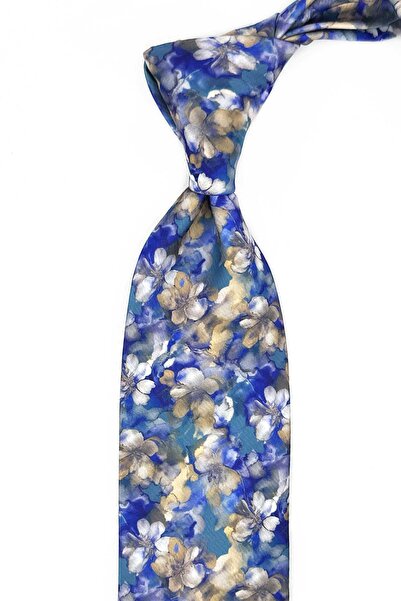 Kravatkolik Blue - Yellow Floral Pattern Printed Pocket Square Classic Tie Kk13359
