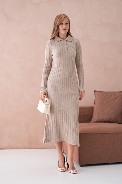 Park Karon Γυναικείο φόρεμα πλεκτό με λεπτομέρεια με κουμπιά με λαιμόκοψη πόλο, μαλακή υφή κοτλέ