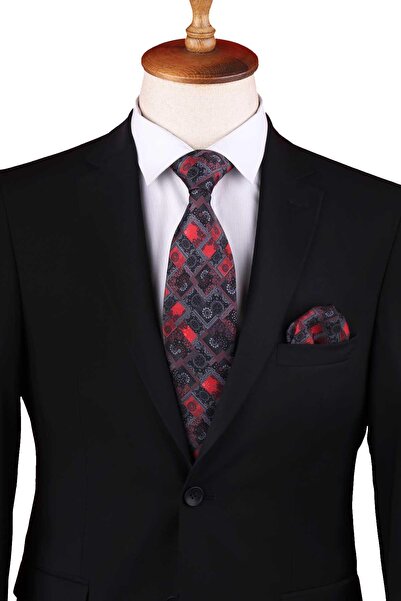 Kravatkolik Smoked - Red Square Pattern Printed Handkerchief Classic Tie Kk13352