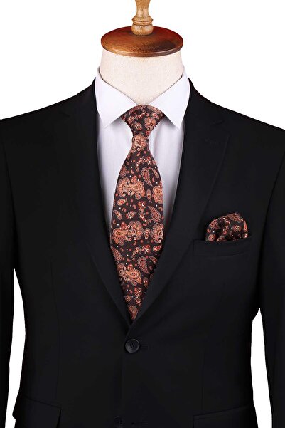 Kravatkolik Κλασική γραβάτα με μοτίβο καφέ σάλι με με τύπωμα μαντήλια KK13353