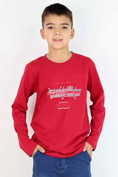 Breeze Μακρυμάνικο μπλουζάκι για αγόρια με κείμενο με τύπωμα 8-14 ετών, μπορντό