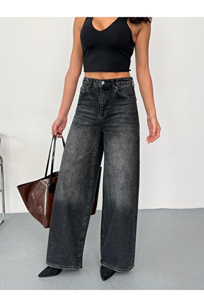 Zeo Basic Γυναικείο τζιν με ψηλόμεσο φαρδύ πόδι, μαύρο