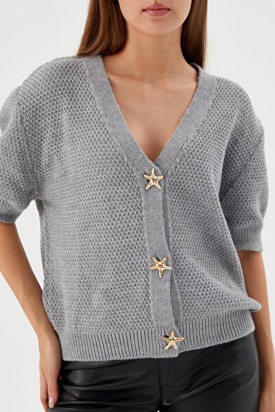 Shopping Shop Star Button Short Sleeve Cardigan Gray