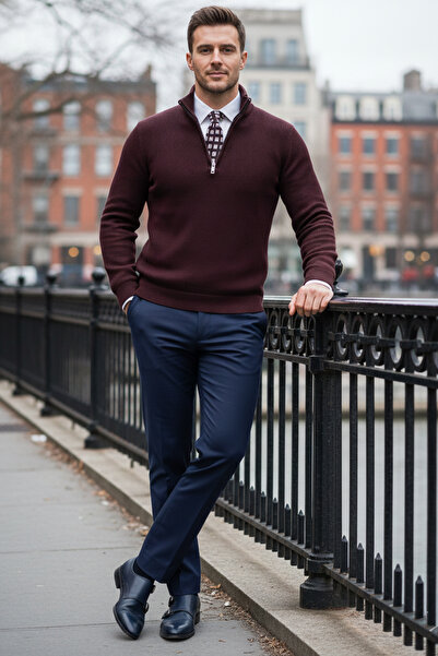 NAZEF Slim Fit Zippered High Neck Corded Fabric Cotton Burgundy Sweater