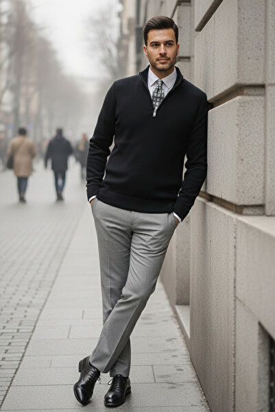 NAZEF Slim Fit Zippered Judge Collar Corded Fabric Cotton Black Sweater