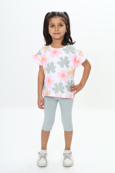 Toontoy Girl's Sleeve Ruffle Detailed Floral Printed Capri Suit