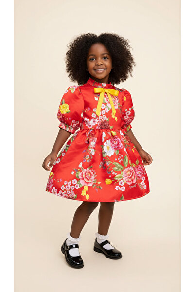 Jolanda فستان بناتي باللون الأحمر مطبوع