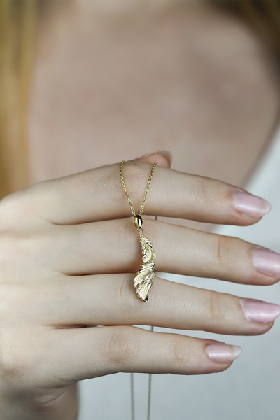 Coy Diamond Kuş Tüyü Kolye, 14 Ayar Altın Kolye, Pırlantalı Kolye, Tüy Kolye,...