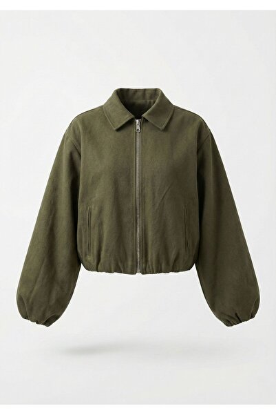 Ceylen Kadın Oversize Pamuklu Gabardin Klasik Yaka Fermuarlı Casual Ceket Mont