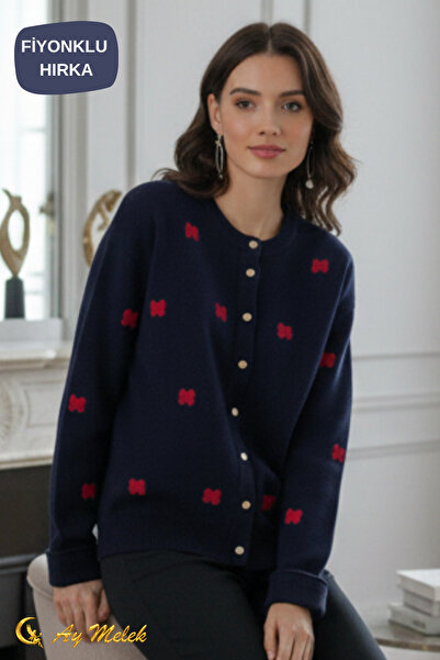 AYMELEK Women's Knitwear Cardigan Buttoned Crew Neck Short Bow Detail Cardigan