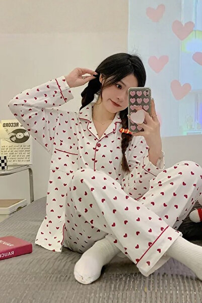 Muchmy Heart Patterned Women's Pajama Set Soft Fabric Girl's Pajam Two Piecs Set