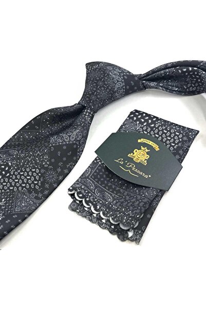Kravatkolik Black Patchwork Pattern Printed Pocket Classic Tie Kk13350