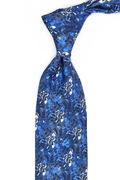 Kravatkolik Blue - Navy Blue Floral Pattern Printed Pocket Square Classic Tie Kk13342