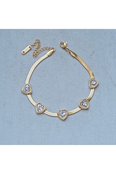 Haziran إكسسوار سلسلة إيطالية، سوار نسائي من الفولاذ الذهبي بخمسة قلوب، 16 + ...