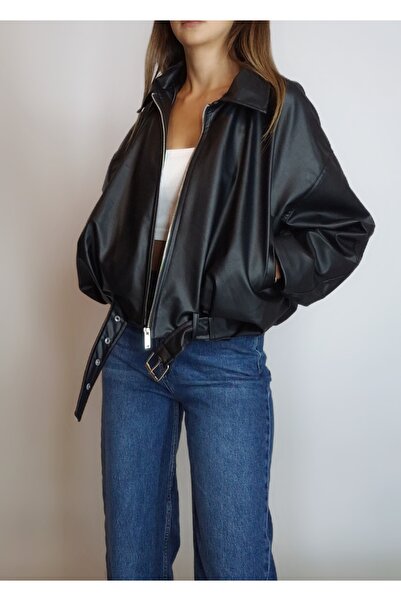 oyagüler Women's Black Balloon Model Short Leather Coat Yy101284