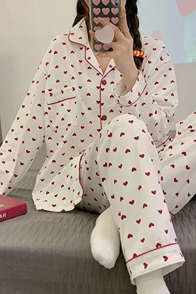 Muchmy Heart Patterned Women's Pajama Set Soft Fabric Girl's Pajam Two Piecs Set