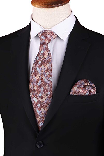 Kravatkolik Καφέ - Μπλε Μοτίβο Μοτίβο Κλασική Γραβάτα με με τύπωμα Μαντήλια KK13341