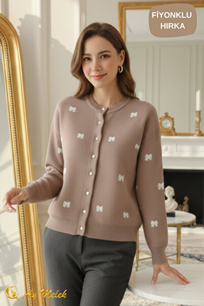 AYMELEK Women's Knitwear Cardigan Buttoned Crew Neck Short Bow Detail Cardigan