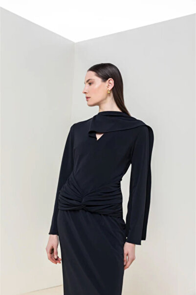 KAMEYA Long Black Dress with Shawl Collar Detail