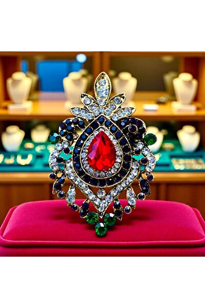 Rachel Silver Zümrüt ve Yakut Kristal Taşlı Altın Renk Vintage Broş