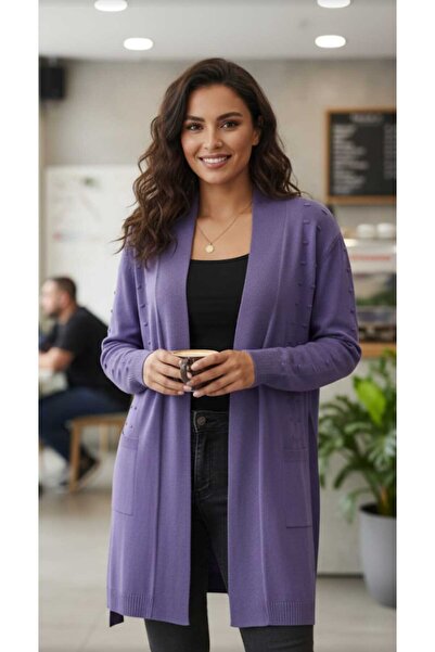 güncüoğlu Long Sleeve Cardigan with Belt, Front Patterned, Length 85cm, Knitw...